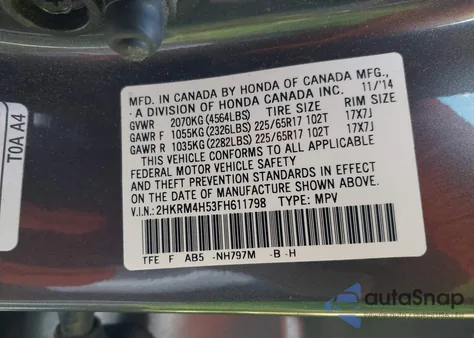 2015 Honda Cr-V Ex from USA, damaged, VIN 2HKRM4H53FH611798